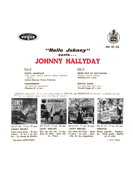 Johnny Hallyday - Hello Johnny - Vinyle Doré (Espagne) (Vinyle 7'')