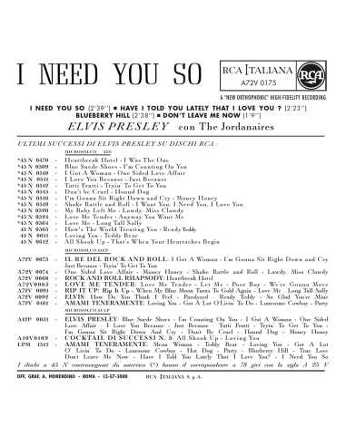 Elvis Presley - I Need You So - Vinyle Rose (Italie) (Vinyle 7'')