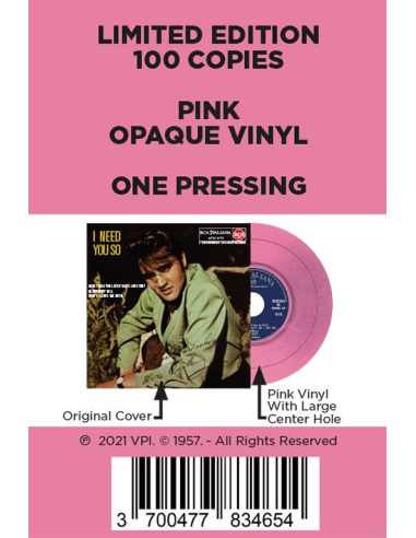Elvis Presley - I Need You So - Vinyle Rose (Italie) (Vinyle 7'')