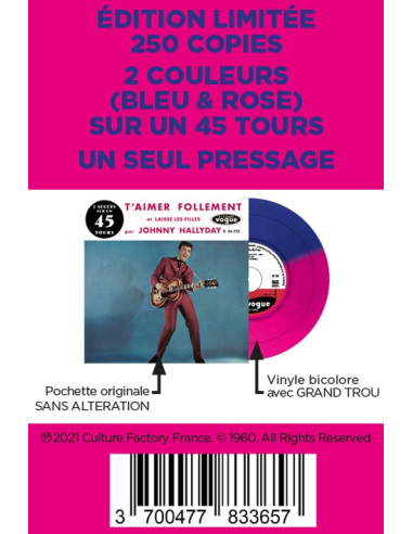 Johnny Hallyday - T'aimer Follement - Vinyle Bleu & Rose (Vinyle 7'')