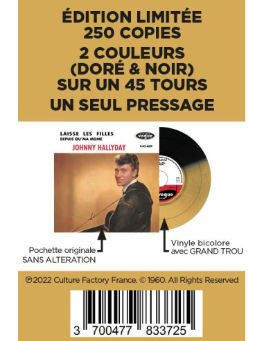 Johnny Hallyday - Laisse Les Filles - Vinyle Doré & Noir (Vinyle 7'')