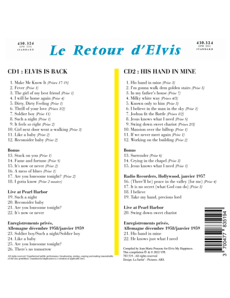 Elvis Presley - Le Retour D'Elvis/His Hand In Mine (CD Mini LP)