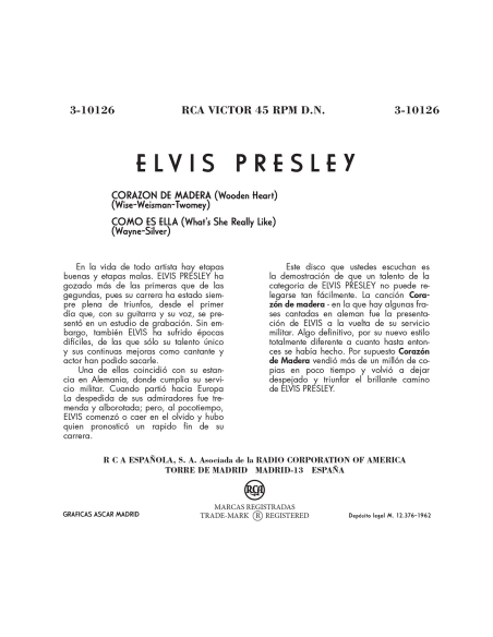 Elvis Presley - Wooden Heart - Vinyle Bordeaux (Espagne) (Vinyle 7'')