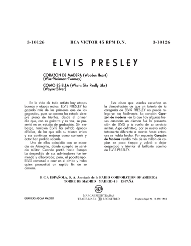 Elvis Presley - Wooden Heart - Vinyle Noir (Espagne) (Vinyle 7'')