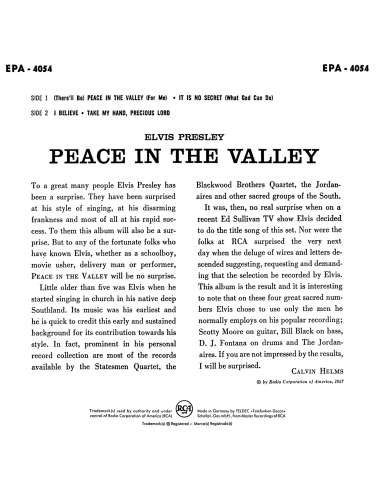 Elvis Presley - Peace In The Valley - Vinyle Rouge (USA) (Vinyle 7'')