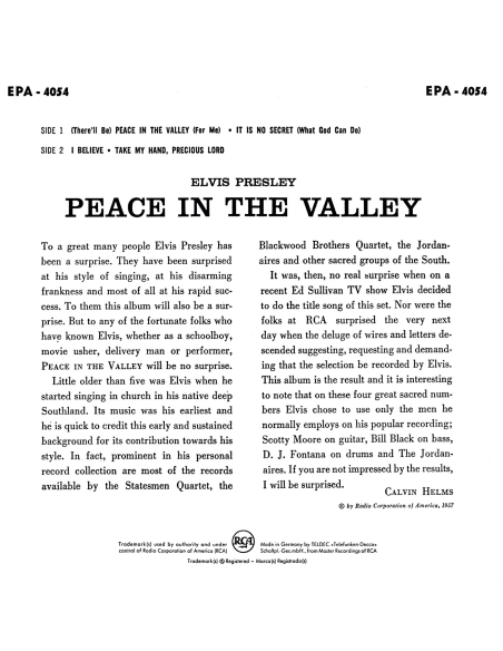 Elvis Presley - Peace In The Valley - Vinyle Rouge (USA) (Vinyle 7'')