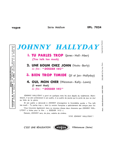 Johnny Hallyday - EP N°05 - Tu Parles Trop (Vinyle 7'')