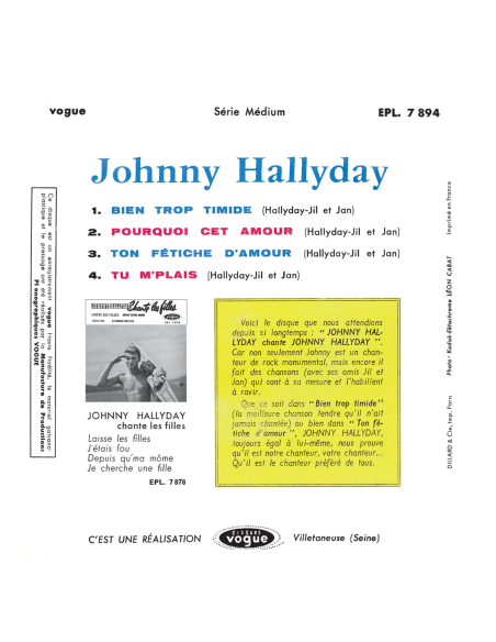 Johnny Hallyday - EP N°11 - Johnny Hallyday Chante Johnny Hallyday (Vinyle 7'')
