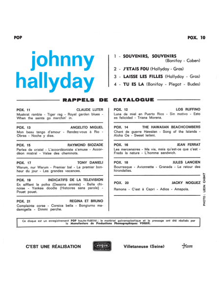 Johnny Hallyday - EP N°12 - Pop 4 - Souvenirs, Souvenirs (Vinyle 7'')